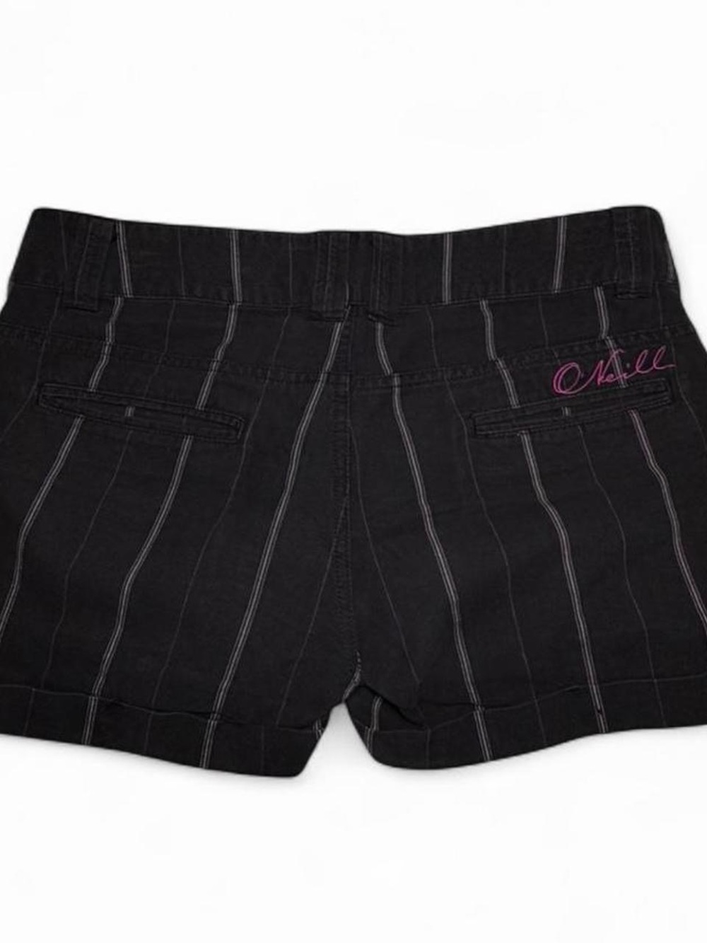 O'Neill Black and Pink Pinstripe Shorts with Pink Logo - Y2K Fashion